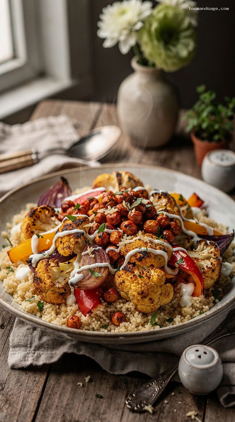Harissa Roasted Chickpea and Veggie Tray Bake with Lemon Yogurt Drizzle