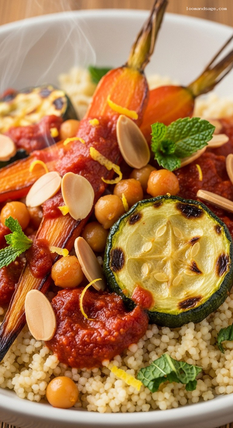 Harissa Roasted Vegetable Couscous With Chickpeas and Mint – Closeup