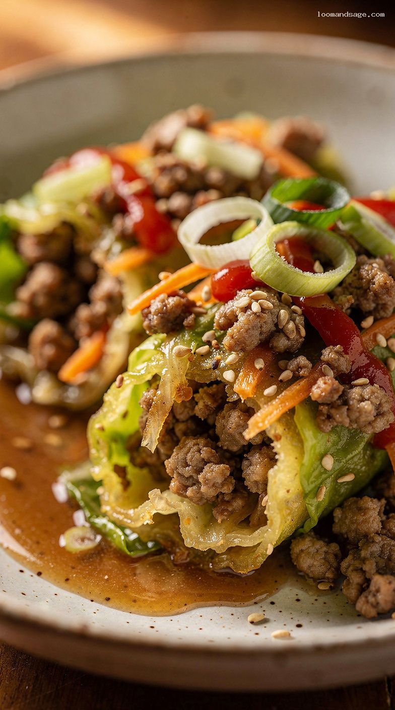 Healthy Turkey Egg Roll In a Bowl with Soy-Sesame Sauce – Closeup