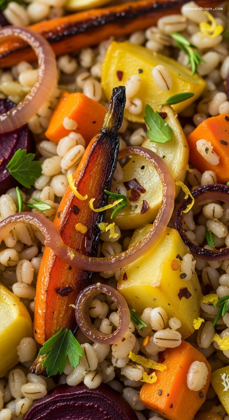 Hearty Barley Pilaf With Roasted Root Vegetables and Herb Oil – Closeup