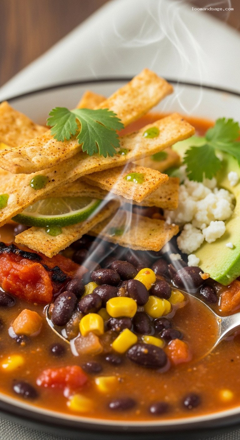 Hearty Black Bean Tortilla Soup with Crispy Strips – Closeup