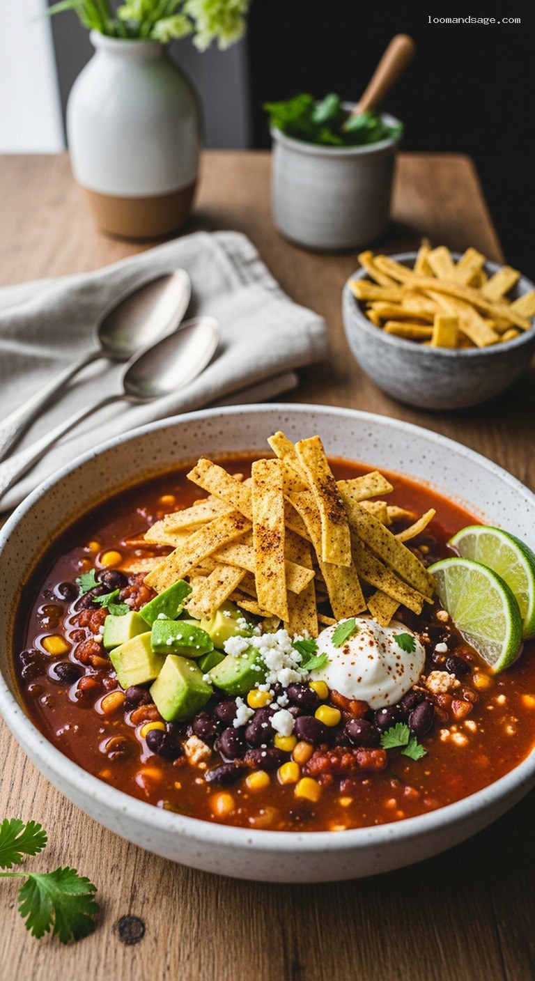 Hearty Black Bean Tortilla Soup with Crispy Strips