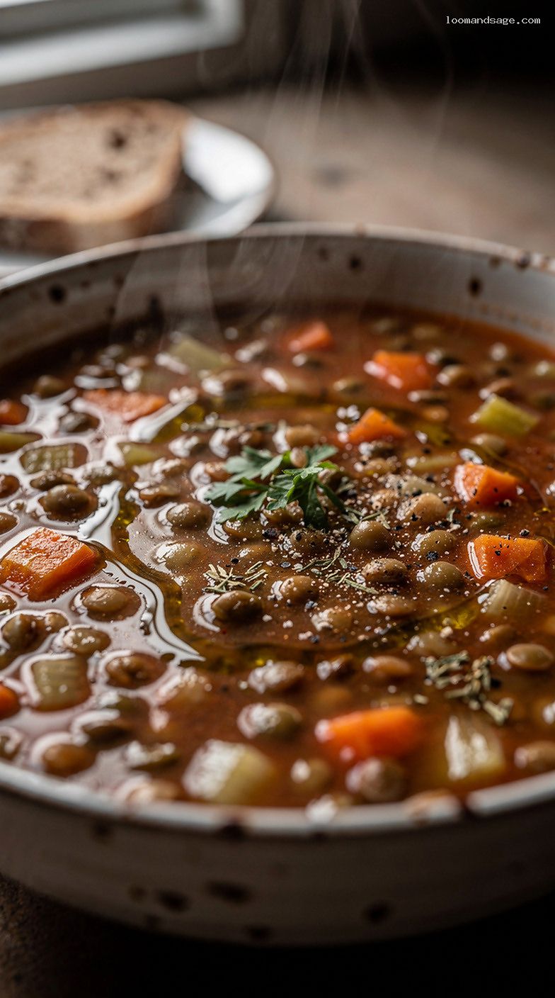 Hearty Greek Lentil Soup With Vinegar and Olive Oil – Closeup