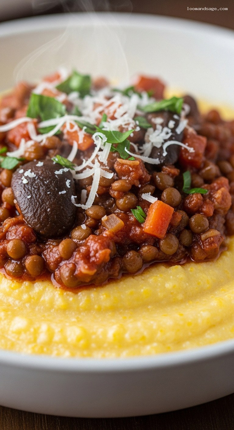 Hearty Mushroom Lentil Ragù Over Polenta or Pasta – Closeup
