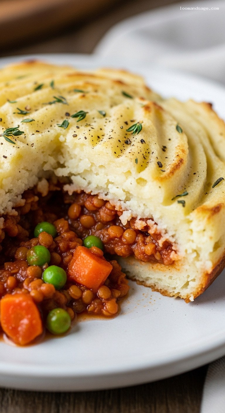 Hearty Red Lentil Shepherd’s Pie With Garlic Mashed Potatoes – Closeup