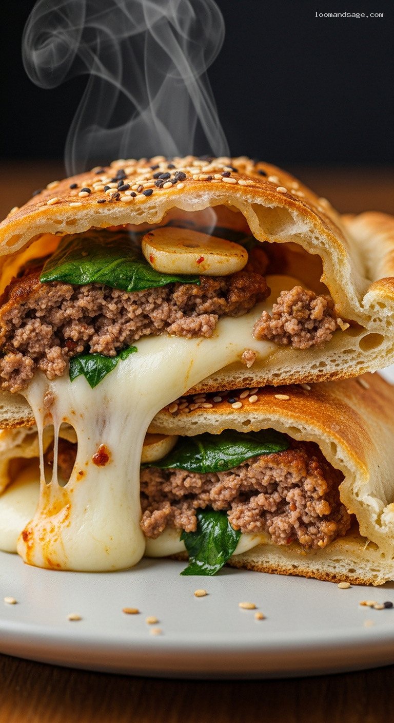 Herbed Lamb and Mozzarella Calzones with Spinach and Garlic – Closeup