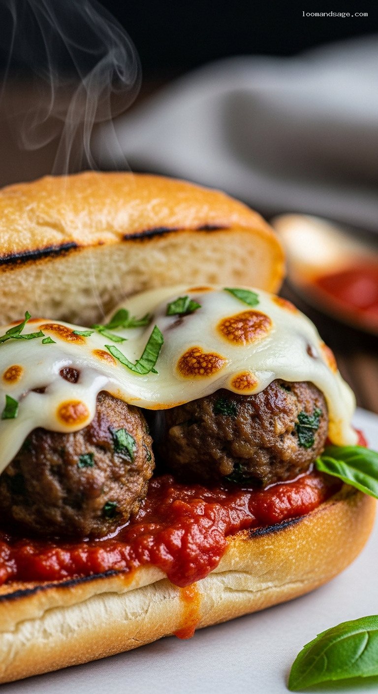 Herbed Lamb Meatball Subs With Tomato Sauce and Provolone – Closeup