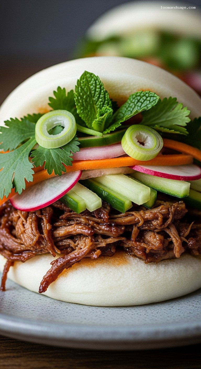 Hoisin Lamb Bao Buns with Pickles and Herbs – Closeup