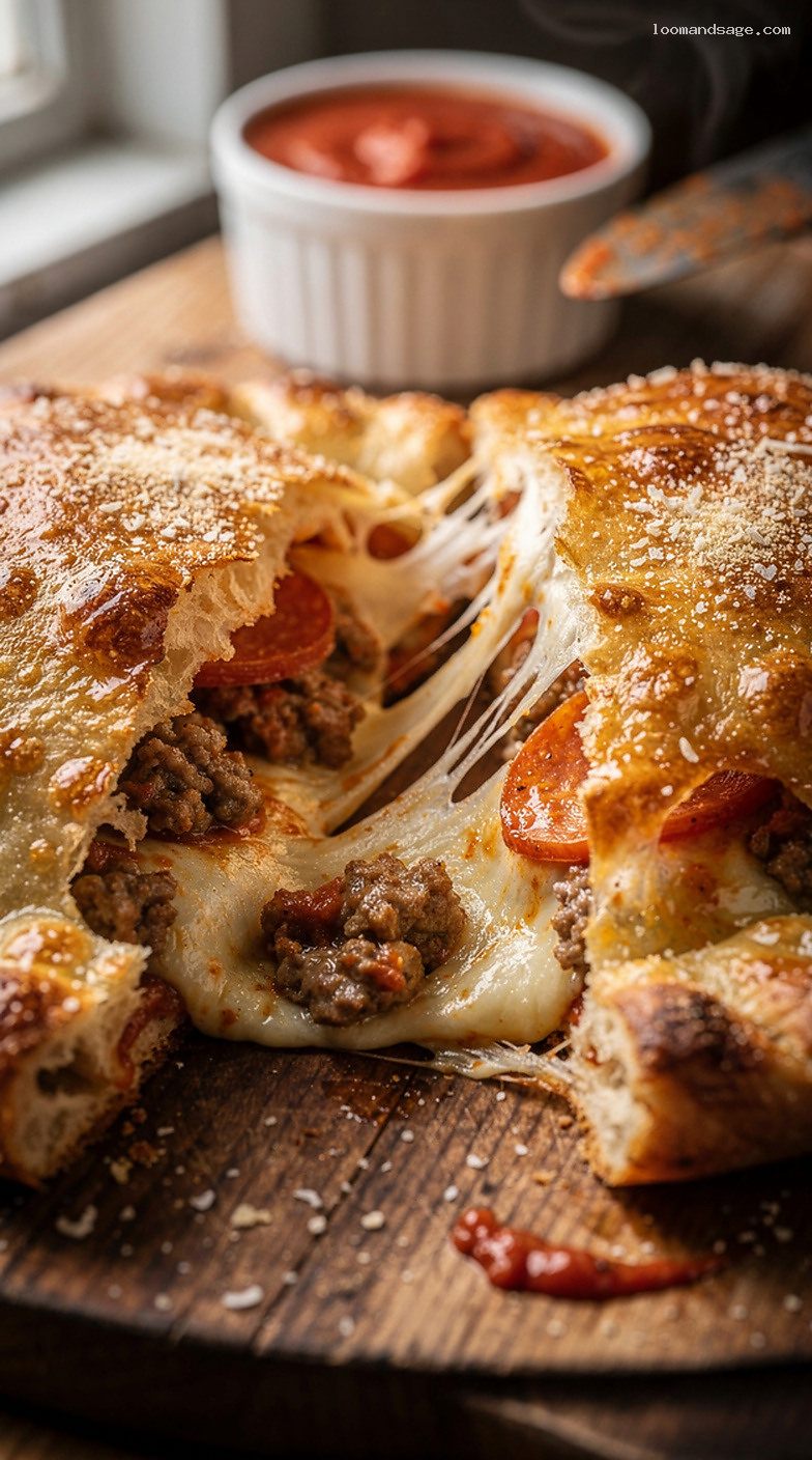 Homemade Pizza Hut-Style P’Zone Pepperoni and Sausage Calzone – Closeup