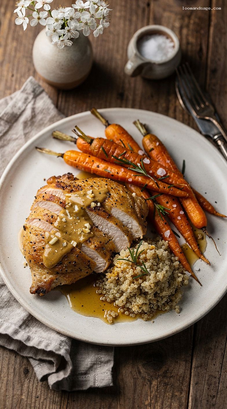 Honey Dijon Chicken With Rosemary Roasted Carrots And Quinoa