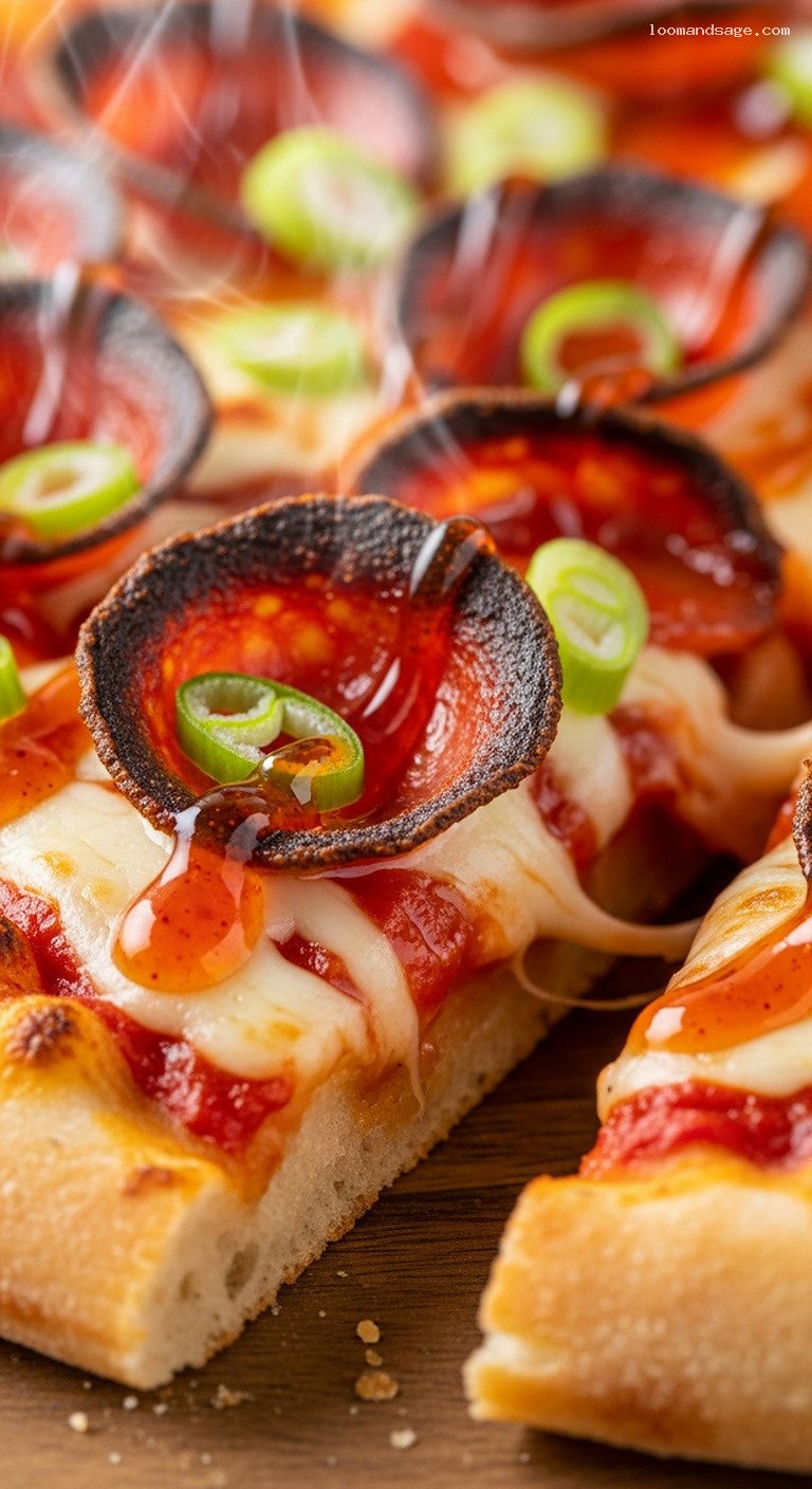 Honey Sriracha Pepperoni Pizza With Scallions – Closeup