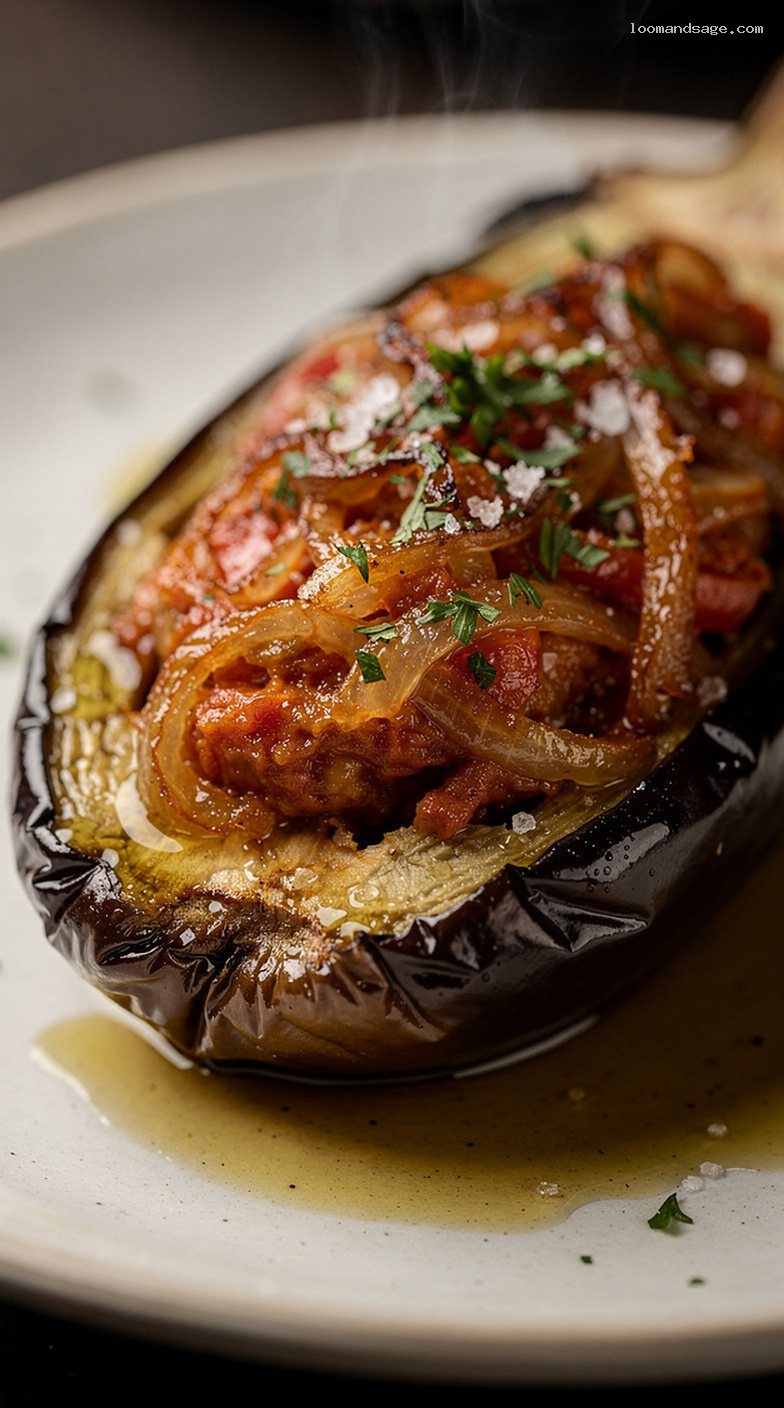 Imam Baildi: Olive Oil-Braised Eggplants Stuffed with Tomatoes and Onions – Closeup