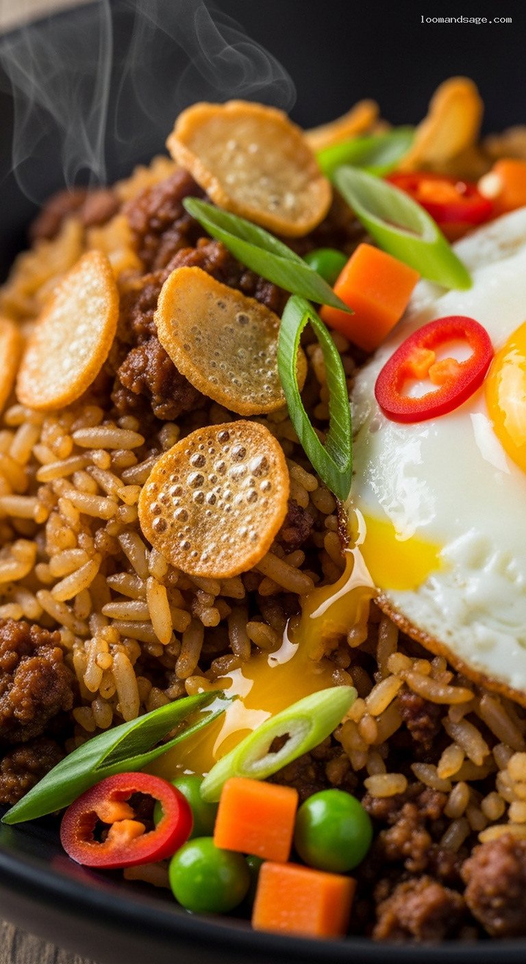 Indonesian Lamb Nasi Goreng with Crispy Shallots – Closeup