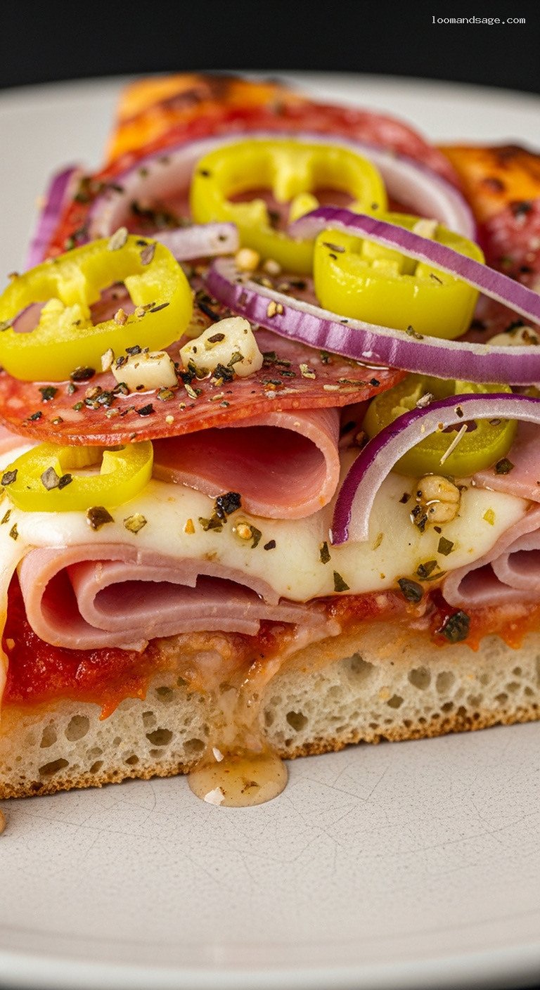 Italian Grinder Pizza With Salami, Ham, and Pepperoncini – Closeup