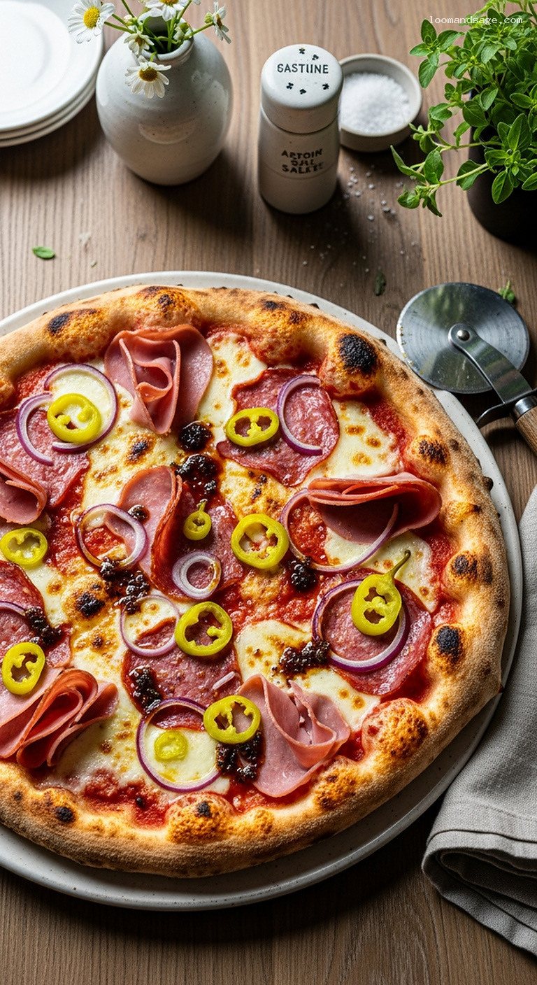 Italian Grinder Pizza With Salami, Ham, and Pepperoncini