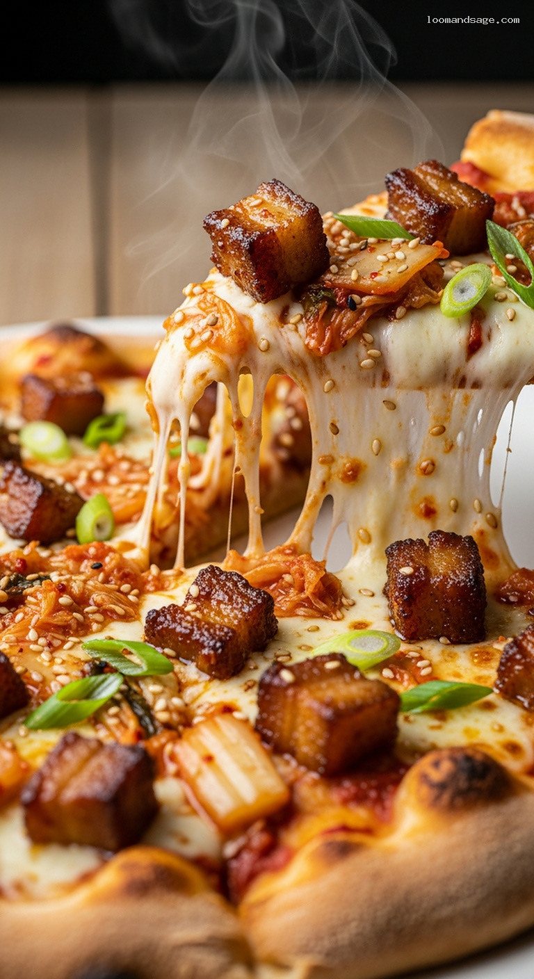 Kimchi and Pork Belly Pizza With Scallions – Closeup