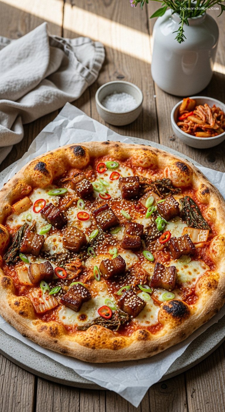 Kimchi and Pork Belly Pizza With Scallions