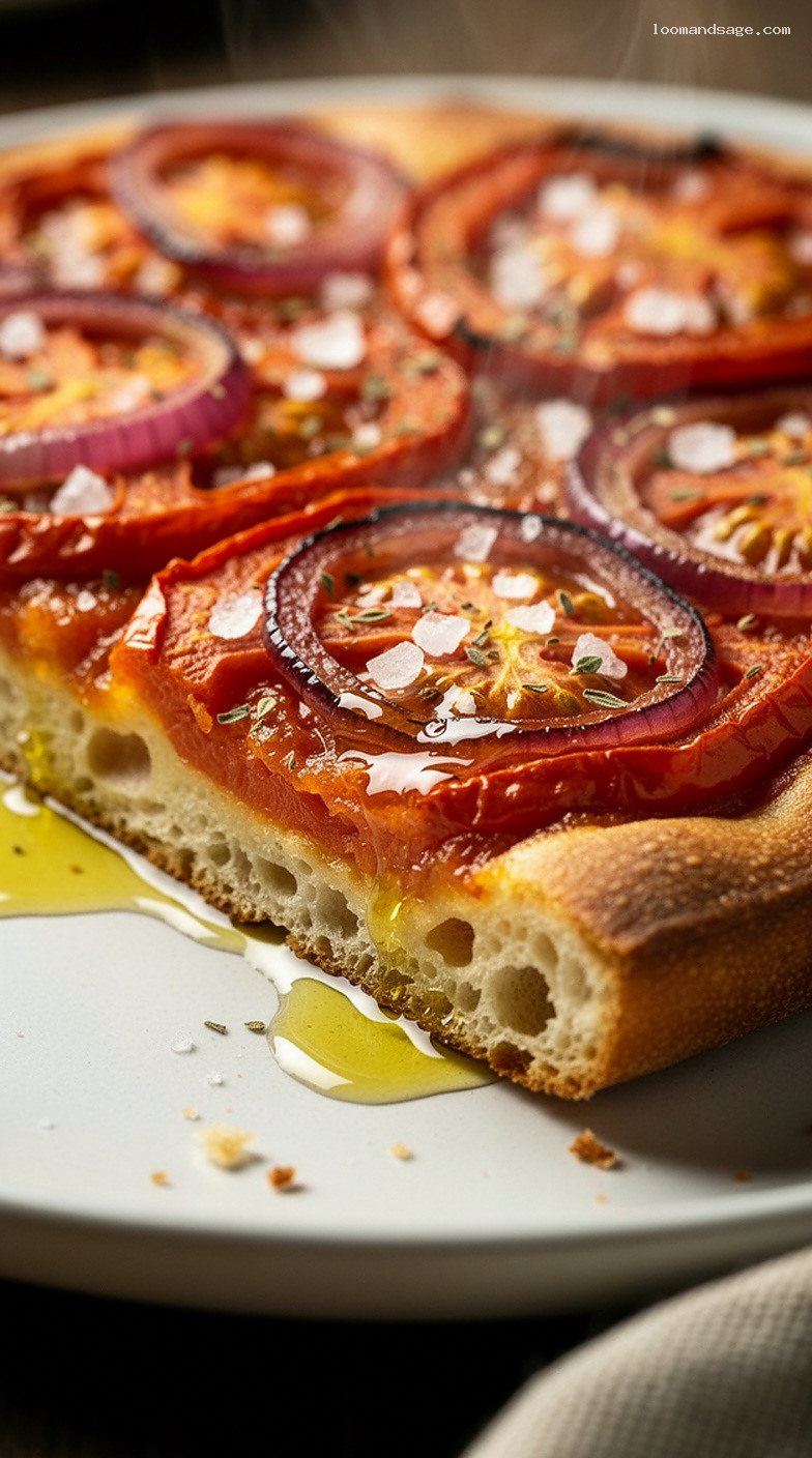 Kimolos Ladenia Olive Oil Flatbread with Tomato and Onion – Closeup