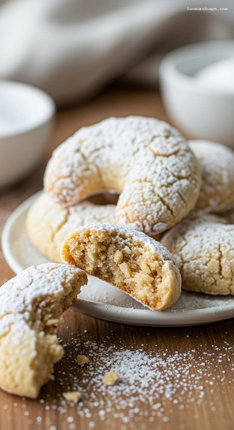 Kourabiedes: Buttery Almond Shortbread Cookies With Powdered Sugar – Closeup