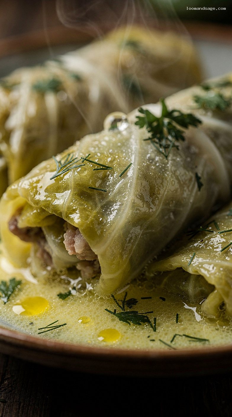 Lahanodolmades Avgolemono With Stuffed Cabbage Rolls – Closeup