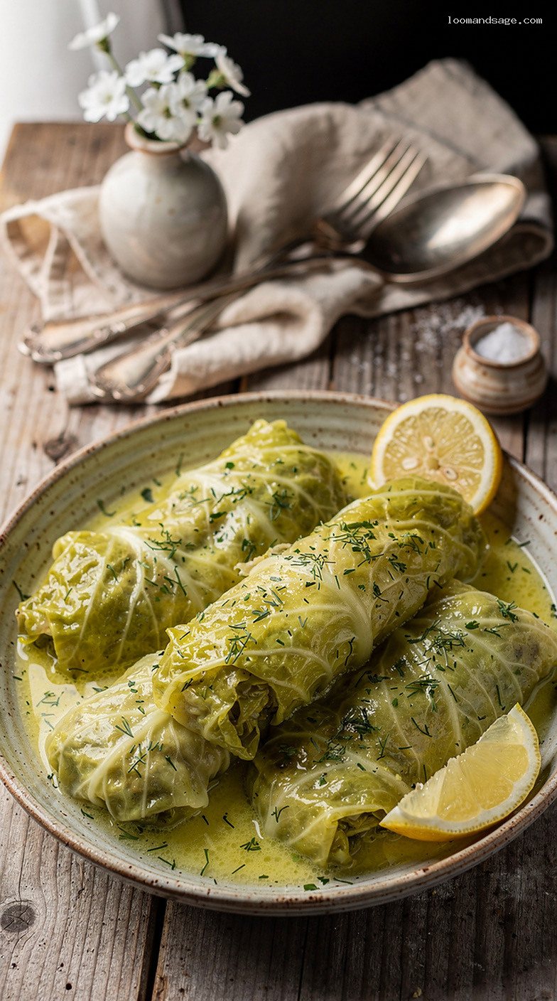 Lahanodolmades Avgolemono With Stuffed Cabbage Rolls