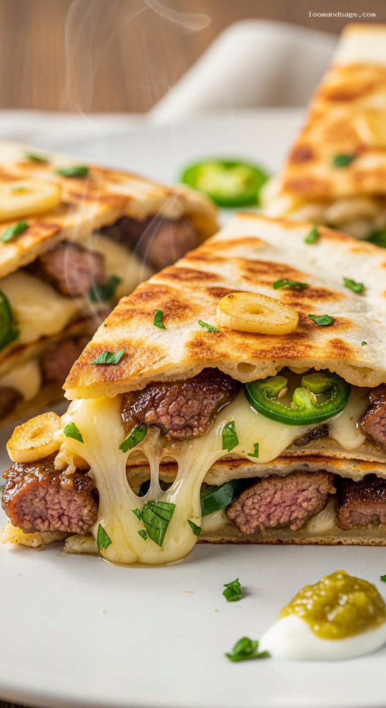 Lamb Al Ajillo Quesadillas With Jalapeños and Melted Cheese – Closeup