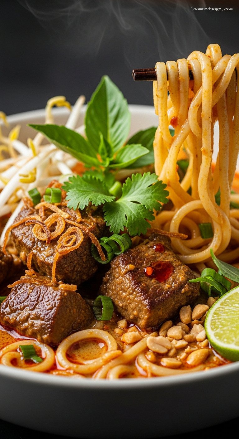Lamb Curry Laksa in Spicy Coconut Broth with Noodles – Closeup