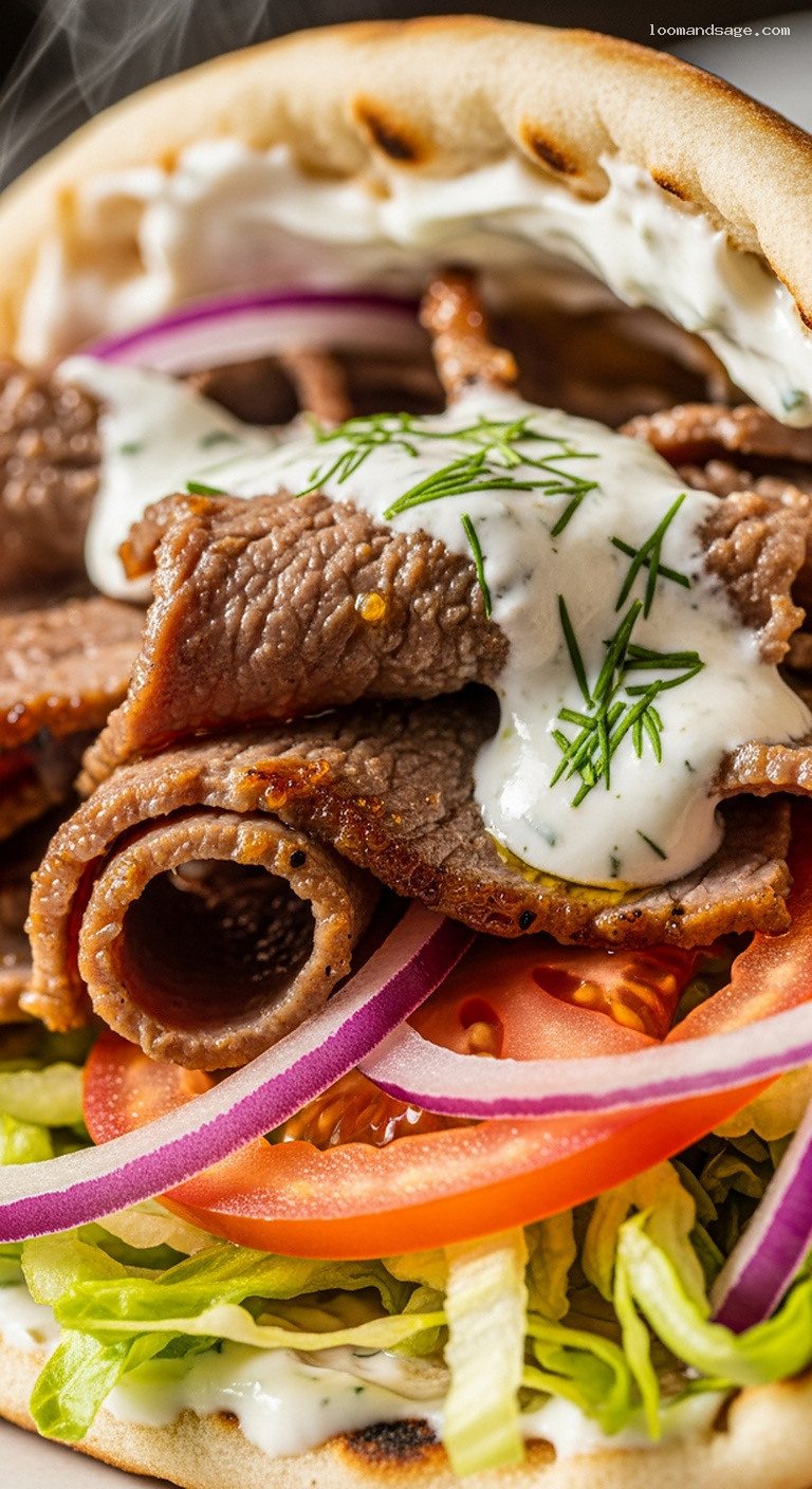Lamb Döner Flatbread Wraps With Garlic Yogurt Sauce – Closeup