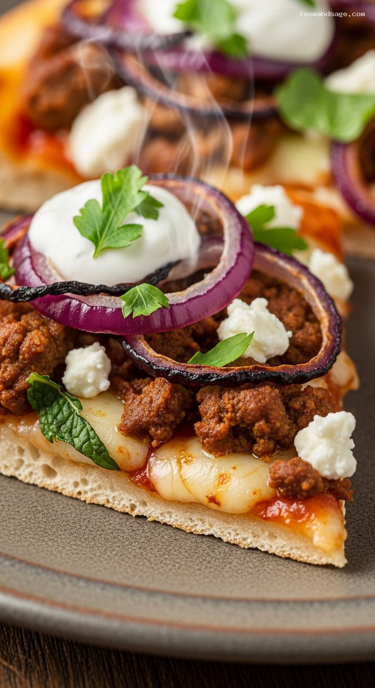 Lamb Kebab Pizza with Garlic Yogurt Drizzle – Closeup