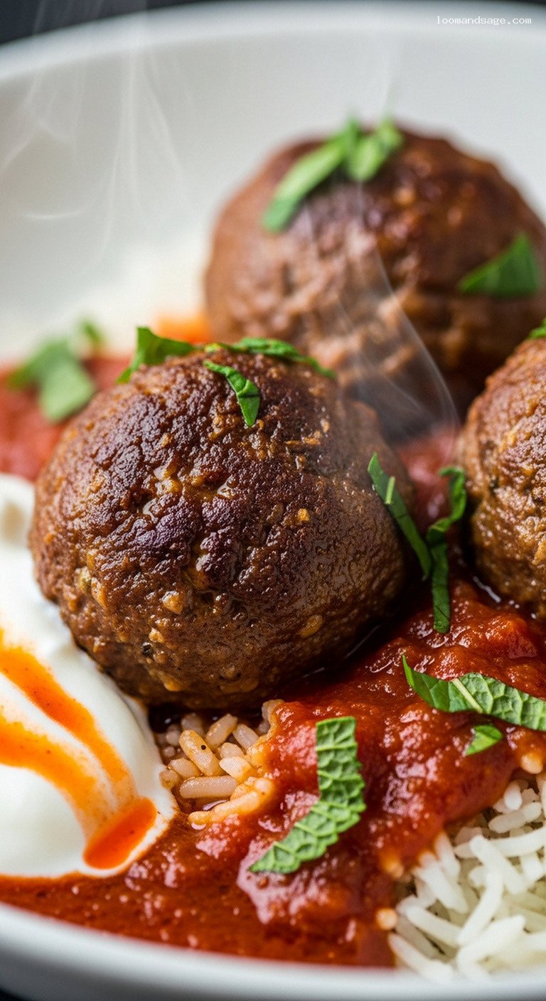 Lamb Kofte Meatballs with Tomato Cinnamon Sauce – Closeup
