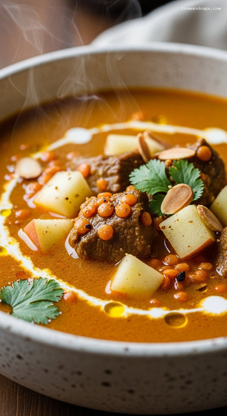 Lamb Mulligatawny Soup With Lentils, Apples, and Curry Spices – Closeup