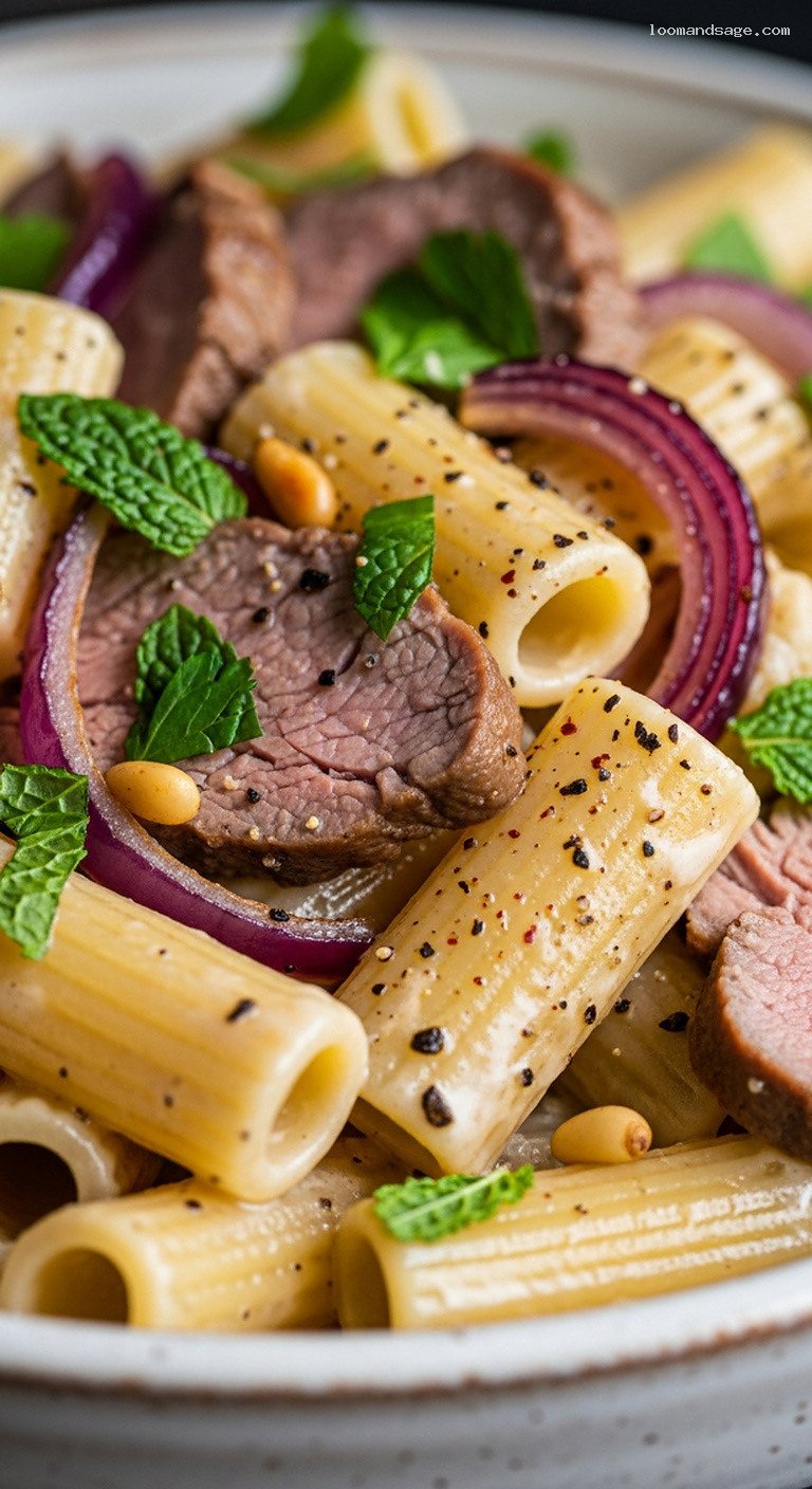 Lamb Shawarma Pasta With Creamy Tahini Yogurt Sauce – Closeup