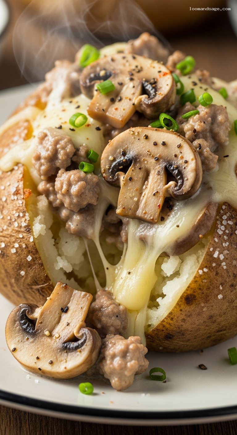 Lamb Stroganoff Stuffed Baked Potatoes With Creamy Mushroom Filling – Closeup
