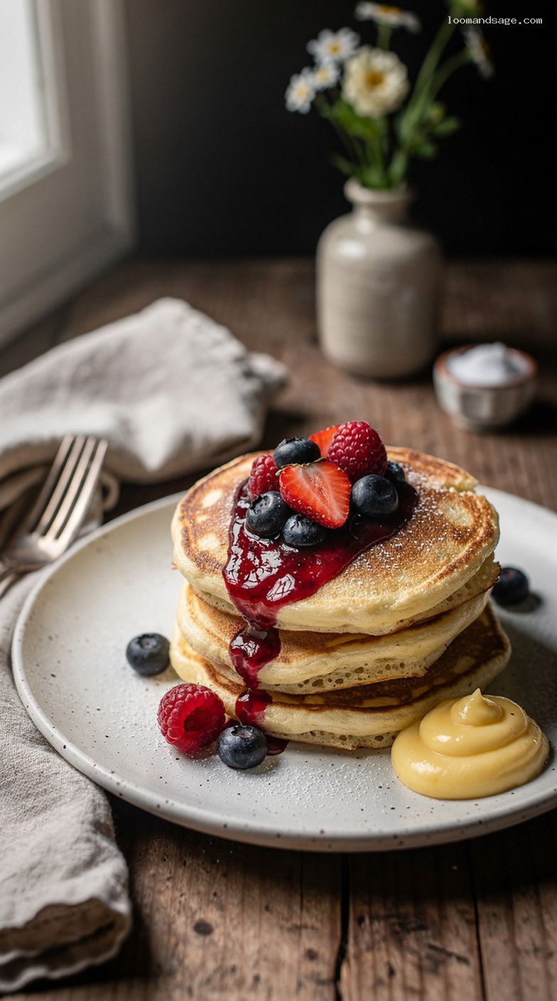 Lemon Ricotta Pancakes With Mixed Berry Compote