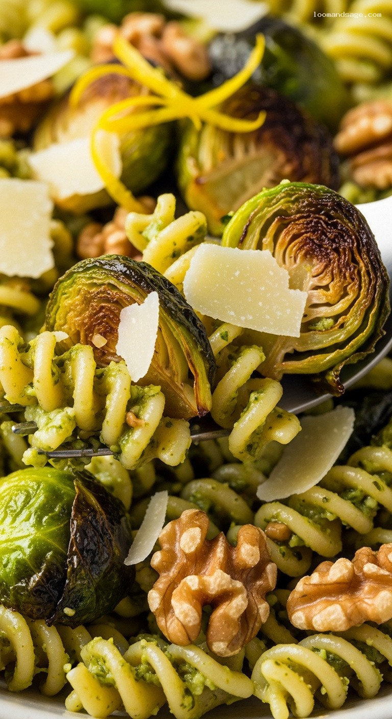 Lemony Brussels Sprout Pasta With Walnut Herb Pesto – Closeup