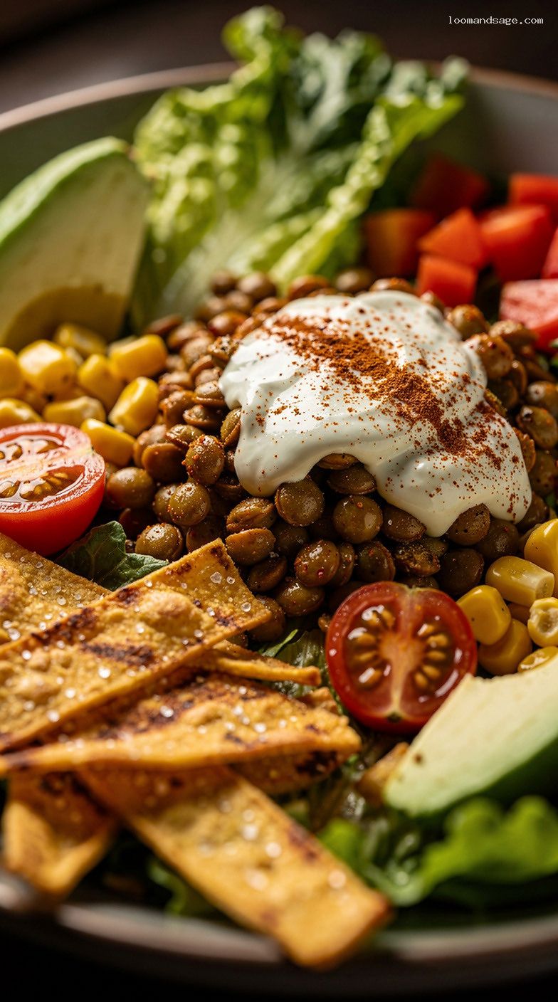 Lentil Taco Salad With Lime-Cumin Yogurt Dressing – Closeup