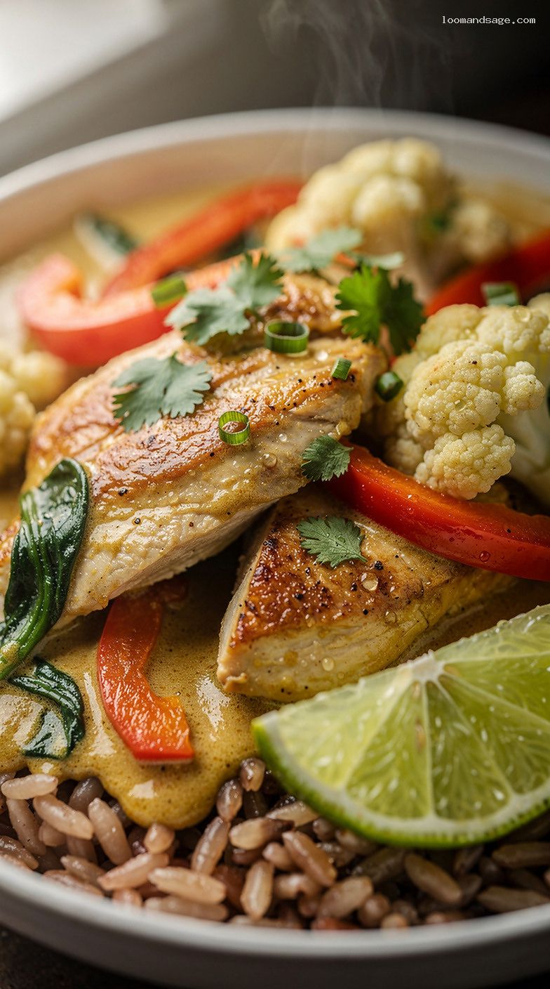 Light Coconut Chicken Vegetable Curry with Brown Rice – Closeup