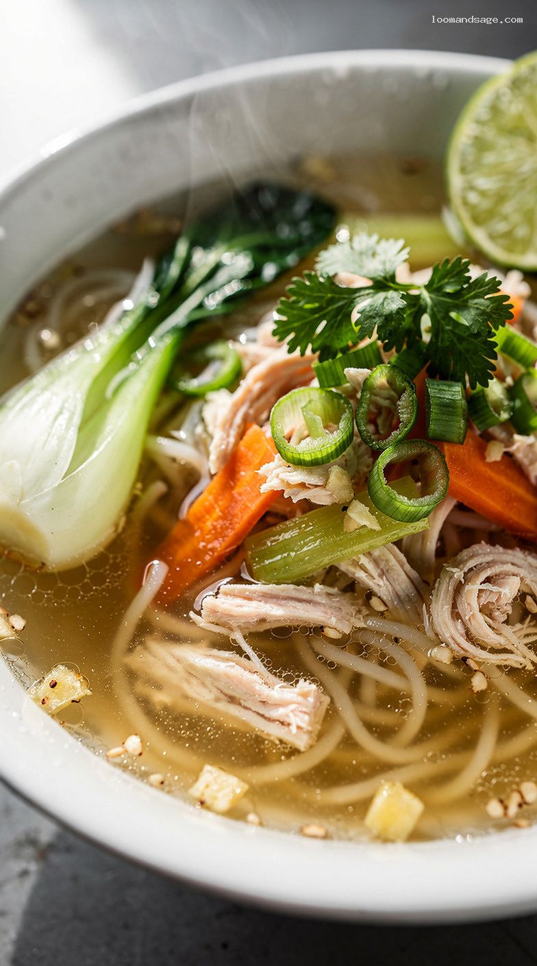 Light Garlic Ginger Chicken Noodle Soup With Rice Noodles – Closeup