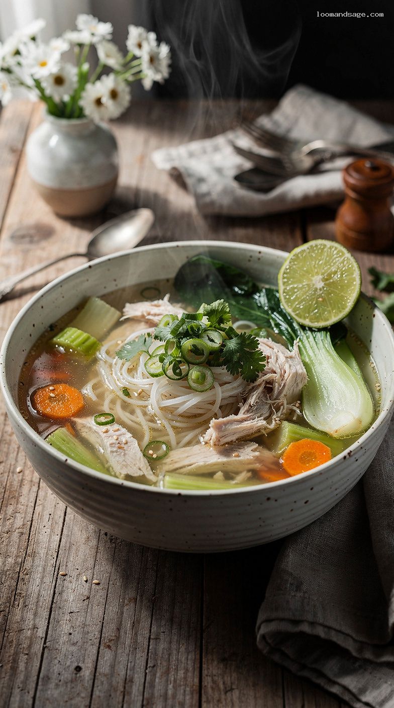 Light Garlic Ginger Chicken Noodle Soup With Rice Noodles