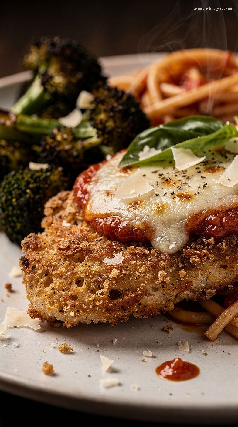 Light Oven-Baked Chicken Parmesan with Roasted Broccoli and Whole-Wheat Spaghetti – Closeup
