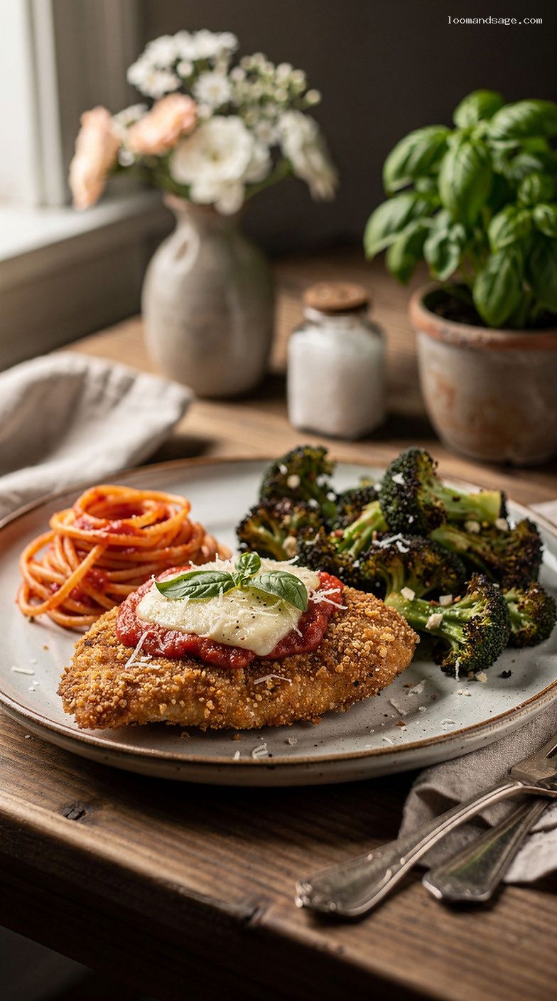 Light Oven-Baked Chicken Parmesan with Roasted Broccoli and Whole-Wheat Spaghetti