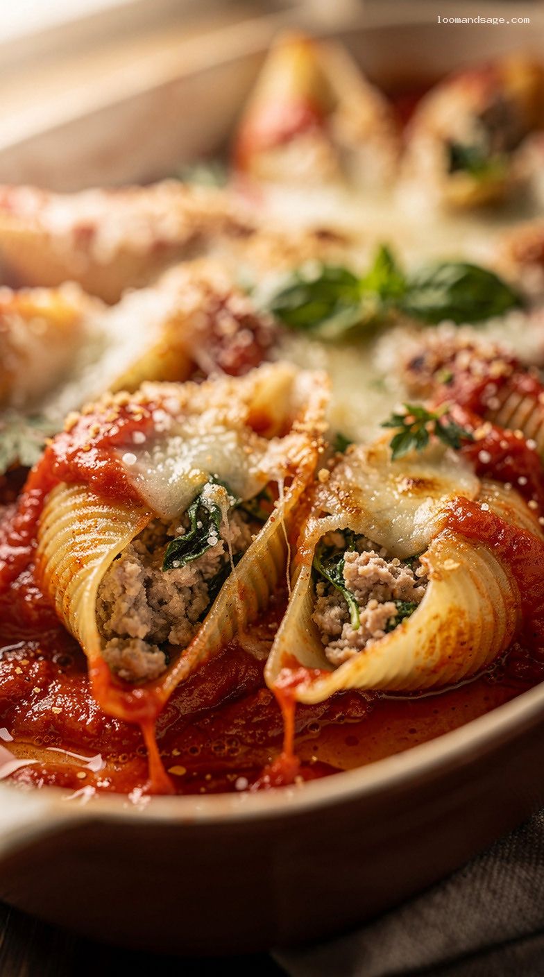 Lighter Baked Turkey and Spinach Stuffed Shells – Closeup
