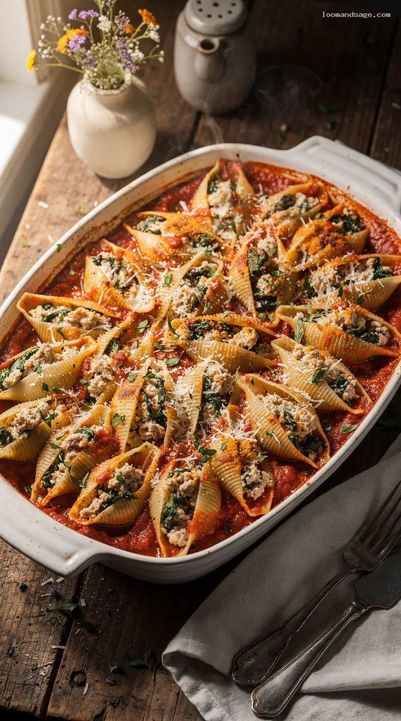 Lighter Baked Turkey and Spinach Stuffed Shells