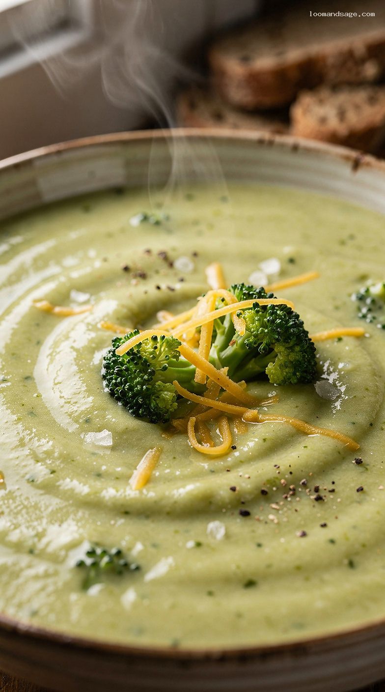 Lighter Broccoli Cheddar Soup With Whole-Grain Bread – Closeup