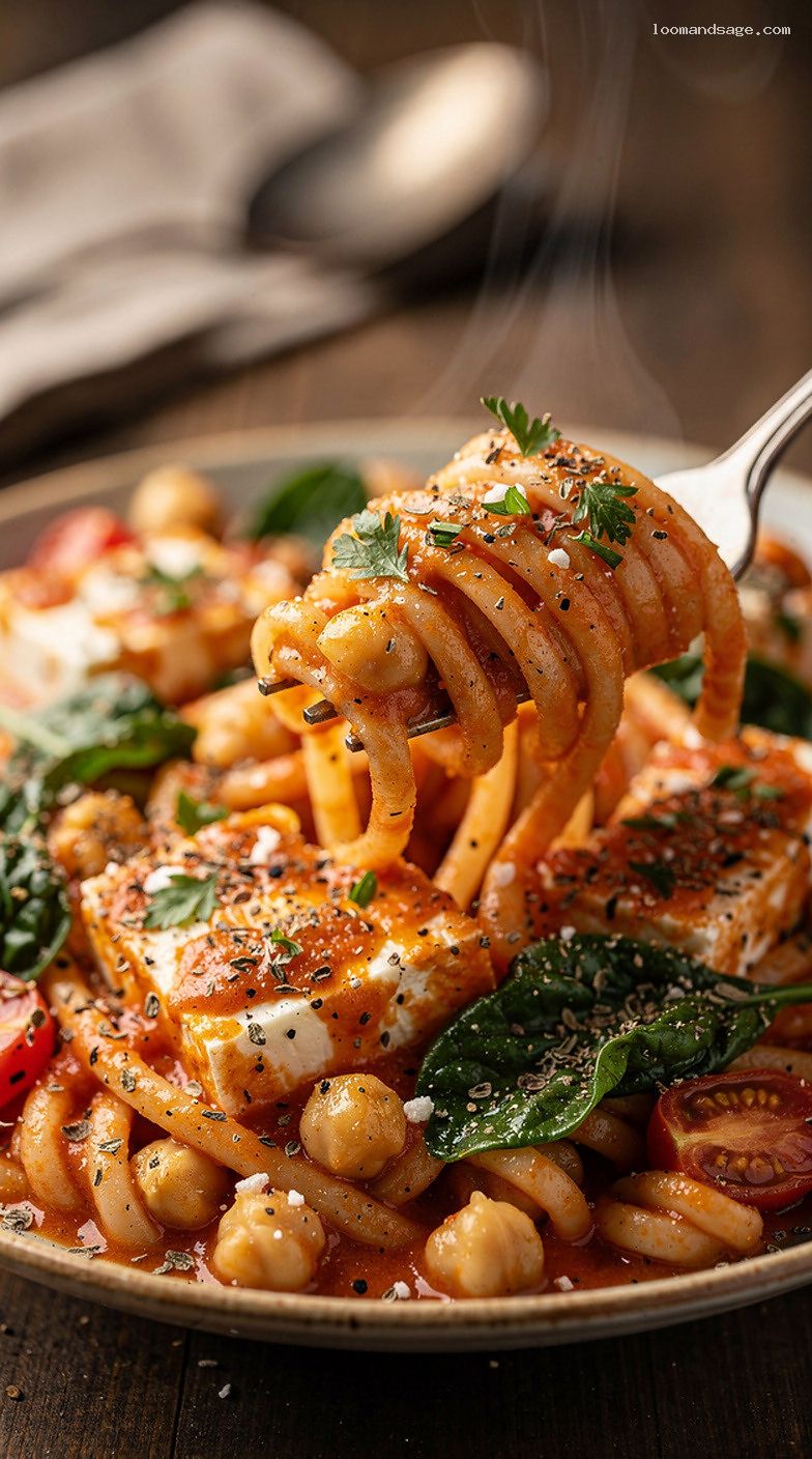 Lighter Mediterranean Baked Feta Pasta With Spinach and Chickpeas – Closeup