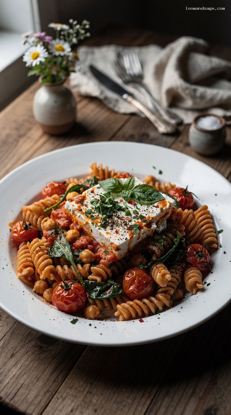 Lighter Mediterranean Baked Feta Pasta With Spinach and Chickpeas