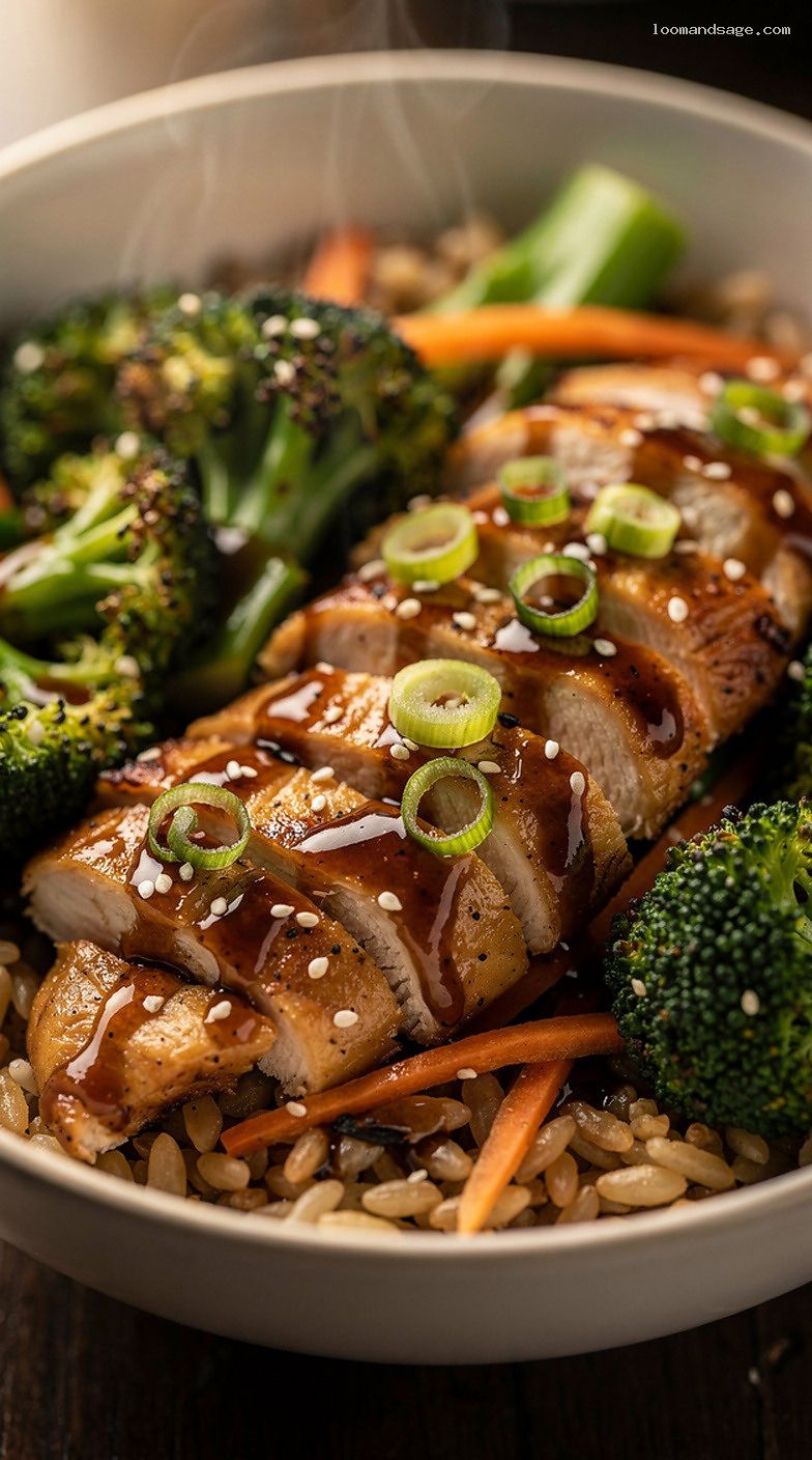 Lighter Teriyaki Chicken and Broccoli Brown Rice Bowl – Closeup