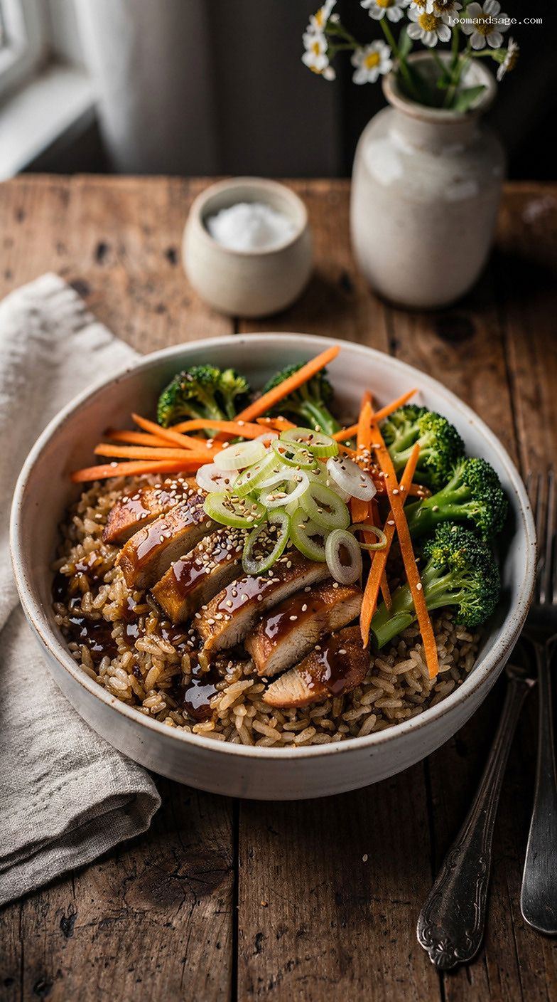 Lighter Teriyaki Chicken and Broccoli Brown Rice Bowl
