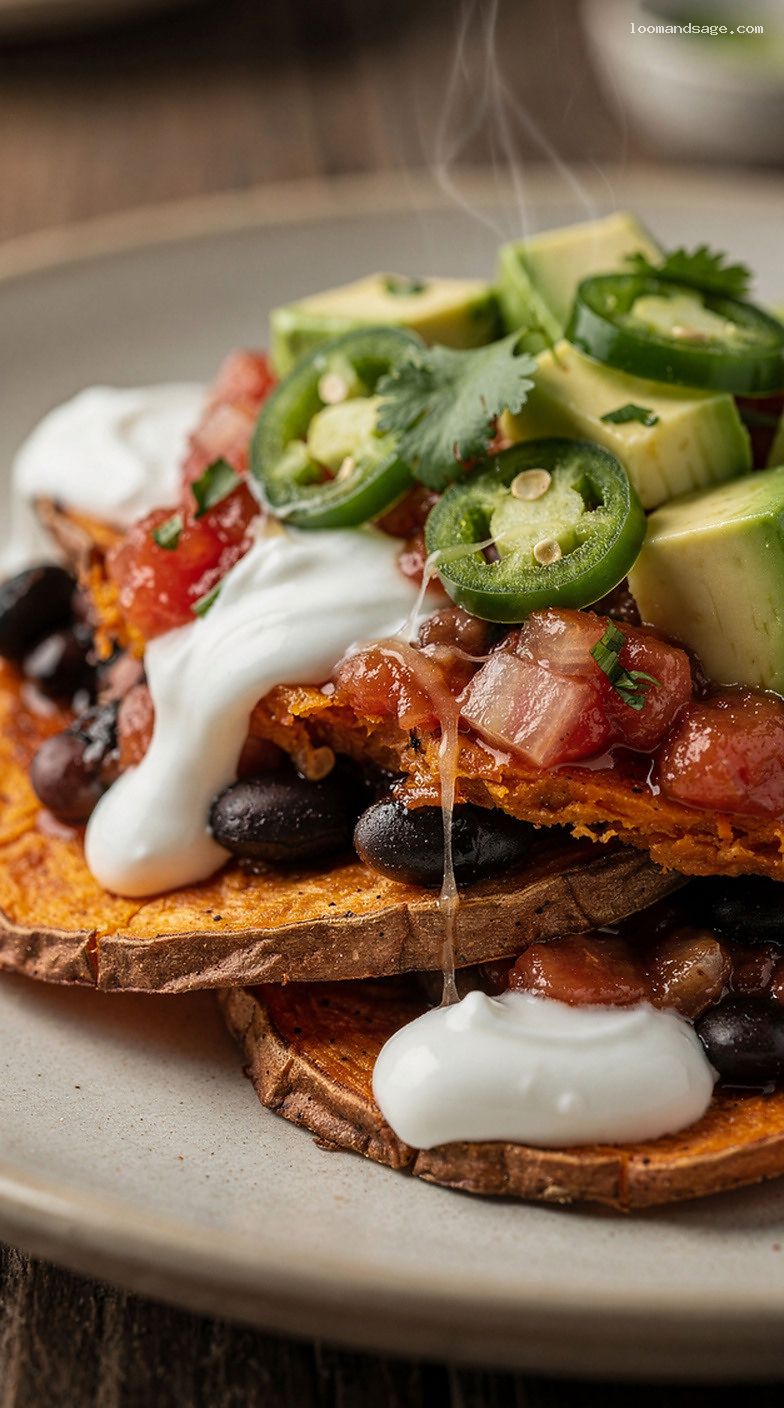 Loaded Baked Sweet Potato Nachos with Black Beans and Avocado – Closeup