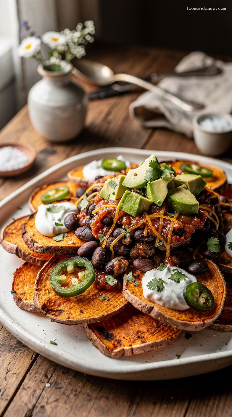 Loaded Baked Sweet Potato Nachos with Black Beans and Avocado